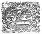 Compasses held by a hand (clouds), banderole with inscription; frame decorated with festoons