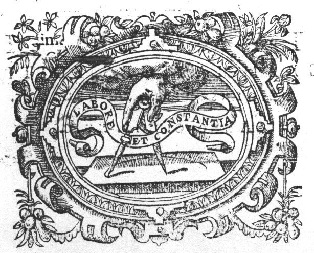 Compasses held by a hand (clouds), banderole with inscription; frame decorated with festoons