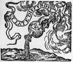 A hand from the clouds pours liquid from a jar; banderole with inscription