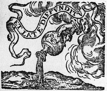 A hand from the clouds pours liquid from a jar; banderole with inscription