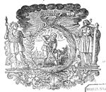 A man spading, in a landscape, framed by a laurel-branch and a palm-branch the frame is held by Strength (a man dressed as a 'Roman' soldier holding a lance and resting one foot on a helmet), and on the other side, by Constancy (a woman holding a broken column); a hand holding a laurel appears from the clouds