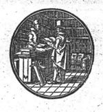 A customer in a bookshop; books and an instrument for bookbinding