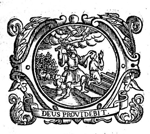 The sacrifice of Isaac: when Abraham has his sword raised to kill Isaac, an angel restrains him; decorated frame; banderole with inscription