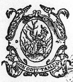 A man cutting a branch from a tree with a sickle; frame decorated with foliage, banderole with inscription