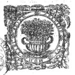 Flowering plants in a pot; frame decorated with human heads and festoons