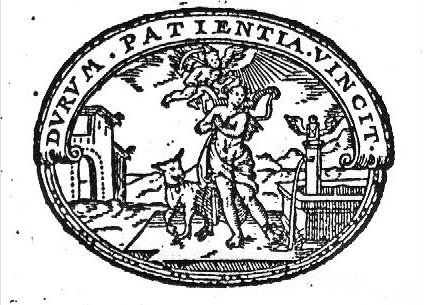 A standing woman carrying a yoke, a chain on the right leg (Patienza, Patience), a sheep, a putto with an anchor holding the yoke, a fountain with a winged hourglass (the water of the fountain is streaming on the chain, a bird (dove?) in the sun, a landscape with a building.