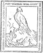 A falcon sitting on a tree trunk; monogram "C.K."