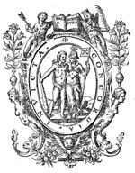 Minerva (helmet, owl, lance with the banner of the city of Leiden attached to it) embracing Hercules (club, lion's skin); a decorative frame of grotesques, on top of which a crowned woman holding a ? and a crowned angel with a palm-branch; between them they hold an open bible with the inscription: Sacra Scriptura