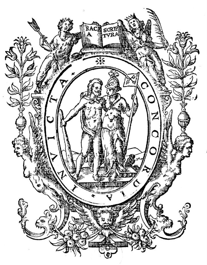 Minerva (helmet, owl, lance with the banner of the city of Leiden attached to it) embracing Hercules (club, lion's skin); a decorative frame of grotesques, on top of which a crowned woman holding a ? and a crowned angel with a palm-branch; between them they hold an open bible with the inscription: Sacra Scriptura