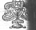 Cherub, a child's head with wings, part of an abstract ornament; small monogram
