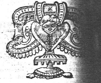 Cherub, a child's head with wings, part of an abstract ornament; small monogram