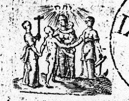 The Three Theological Virtues (Faith, holding a cross; Hope, holding an anchor; and Charity, with two naked children) standing in a circle; Hope and Faith are leading a naked man by the hand; Jahweh-tetragram