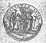 The Three Theological Virtues (Faith, holding a cross; Hope, holding an anchor; and Charity, with two naked children) standing in a circle; Hope and Faith are leading a naked man by the hand; Jahweh-tetragram; decorated frame