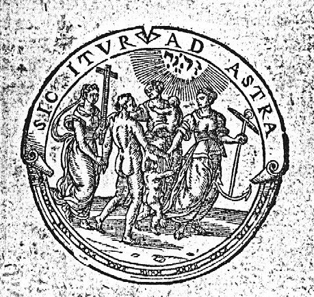 The Three Theological Virtues (Faith, holding a cross; Hope, holding an anchor; and Charity, with two naked children) standing in a circle; Hope and Faith are leading a naked man by the hand; Jahweh-tetragram; decorated frame