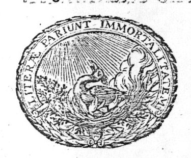 Phoenix looking at the sun; banderole with inscription and wreath as frame