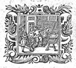 Three men at work in a printing office: a type-setter seated at a typecase, a printer and a man rolling ink-balls; frame of scrollwork and floral ornaments
