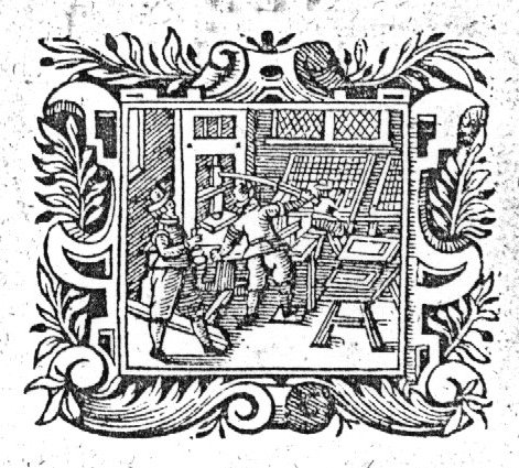Three men at work in a printing office: a type-setter seated at a typecase, a printer and a man rolling ink-balls; frame of scrollwork and floral ornaments