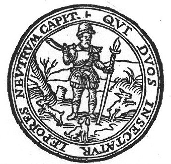 A hunter (horn, lance and dog) in a landscape watching two running hares
