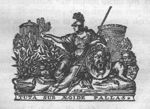 Minerva (helmet, lance, Aegis, owl) seated next to a lion holding the coat of arms of the city of Leiden (keys), between the 'Burcht' (castle) of Leiden and a temple