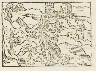 Two-faced Janus holding a sceptre with a radiant sun in his left and a large key in his right hand