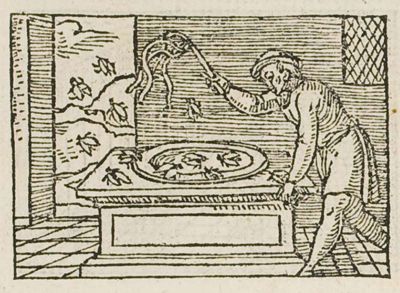 A man chasing away flies from a dish of milk; they keep returning even while drowning