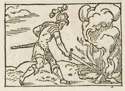 A soldier stirring a blazing fire with a sword