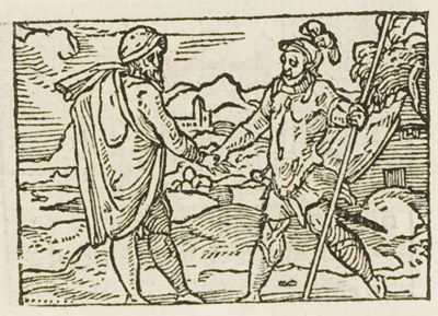 Two men clasping right hands in a landscape