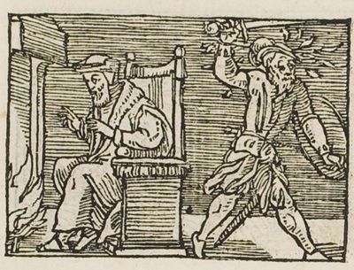 An old man warming himself at the fire and a hot-headed young man with sword and shield
