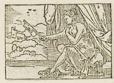 Venus seated, holding a key and raising a finger, her foot on a tortoise