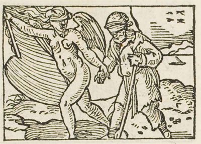 Blindfolded winged Fortune with a sail leading a blindfolded man by the hand