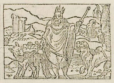 A king holding a lion and a fox on a leash