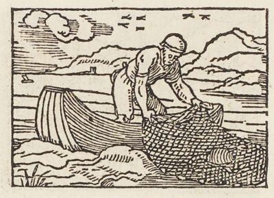 A fisherman hauling in his net from a boat