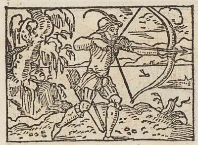 An archer drawing a large bow to its full extent