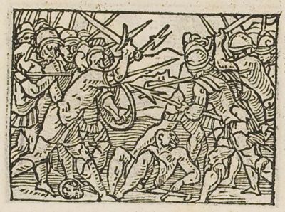 Battle of armoured soldiers, with dead and wounded on the ground
