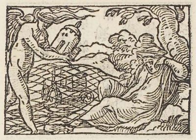 Fortune emptying a vessel into the net of a sleeping man