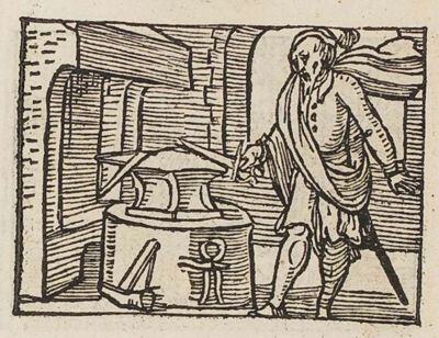 A man striking a sword on an anvil