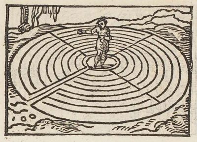 A circular labyrinth with a figure at its centre