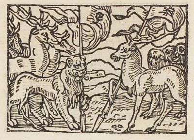 A lion leading an army of stags against a stag leading an army of lions