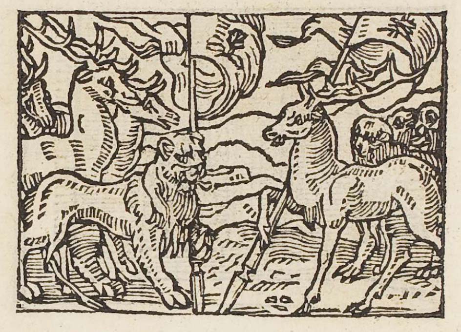 A lion leading an army of stags against a stag leading an army of lions