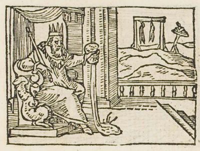 An enthroned king squeezing a sponge; gallows and wheel in the background