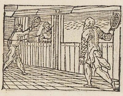 Three men playing tennis