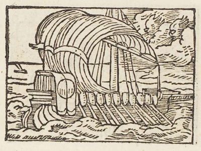 A galley rowing against a strong wind