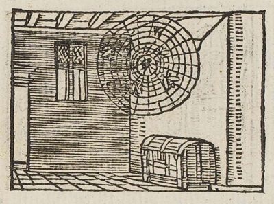 A spider's web in the corner of a room, a chest below