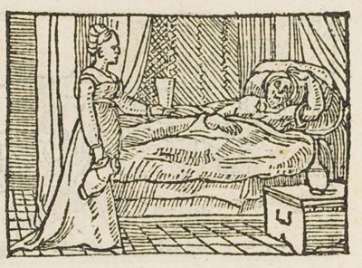 A woman offering a cup of wine to a feverish man in bed