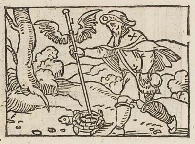 A pilgrim with a winged staff and a tortoise at his feet