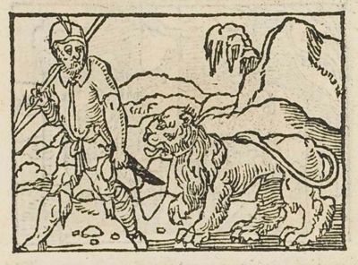 A man with spear and knife before a lion caught in a net