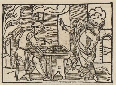 Two men playing chess while the house burns; a man rushes in to warn them