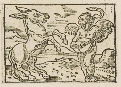 Blindfolded Cupid playing the lute to a dancing donkey