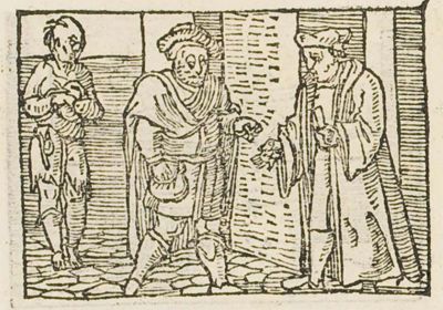 A man handing money to a lawyer, a ragged poor man beside them