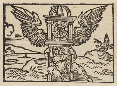 A winged clock on a rock
